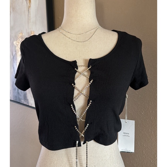 Tops - Crop rhinestone lace up top in black